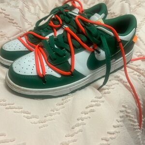 Green and White Offwhite Dunk Sneakers with Orange Laces